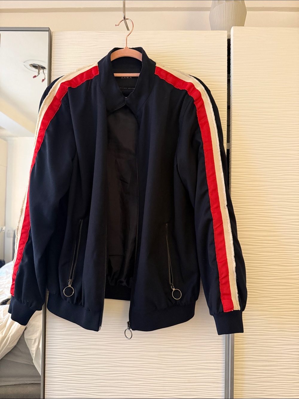 Zara Navy Bomber Jacket with Red and White Shoulder Stripes